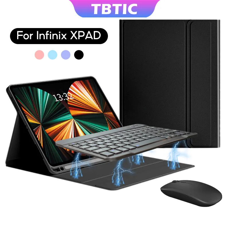 TBTIC para Infinix XPAD funda con teclado ratón conjunto inalámbrico Bluetooth soporte para bolígrafo ranura a prueba de golpes niños