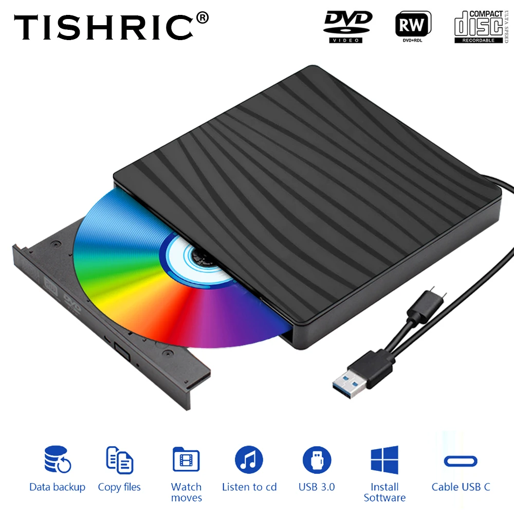 TISHRIC tipo C USB 3,0 reproductor de CD y DVD externo RW DVD CD escritor unidad grabadora lector unidad de CD de DVD externa para ordenador portátil de escritorio