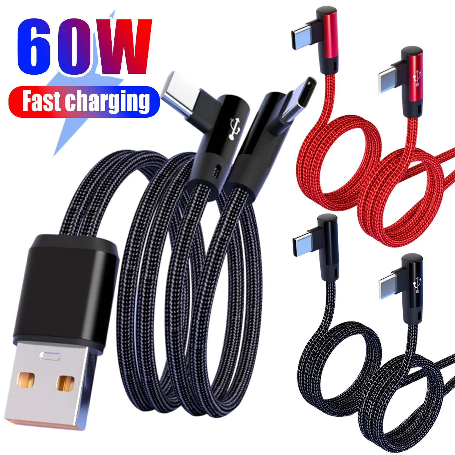 90 °   Cable trenzado de carga rápida con codo, Cable de datos USB A a doble tipo C para iPhone 17, Samsung Mi, teléfono, tableta, línea de cargador de USB-C