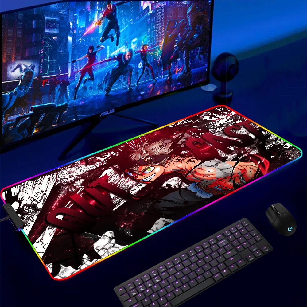 Alfombrillas LED de Anime Black Clover para juegos, alfombrilla de escritorio grande para PC Gamer XL, alfombrilla de ratón RGB, alfombrilla de ratón luminosa con retroiluminación