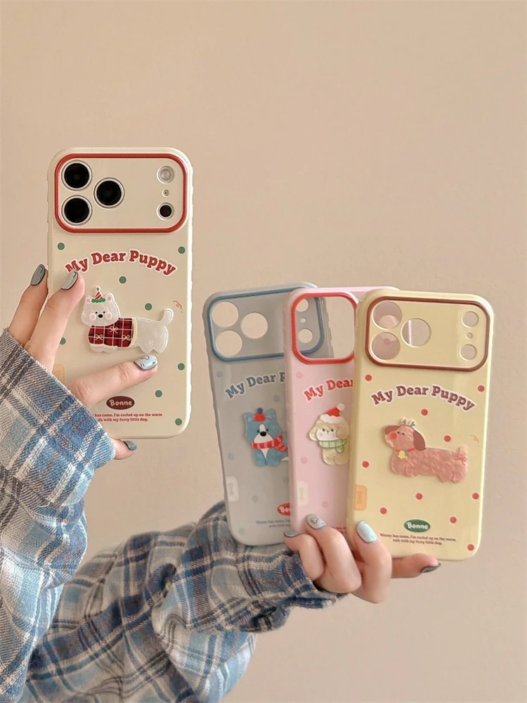 Ins Popular 3D Navidad cachorro perro lunares TPU funda de teléfono para iPhone 17 16 15 14 13 Pro Max corazón lateral parachoques contraportada