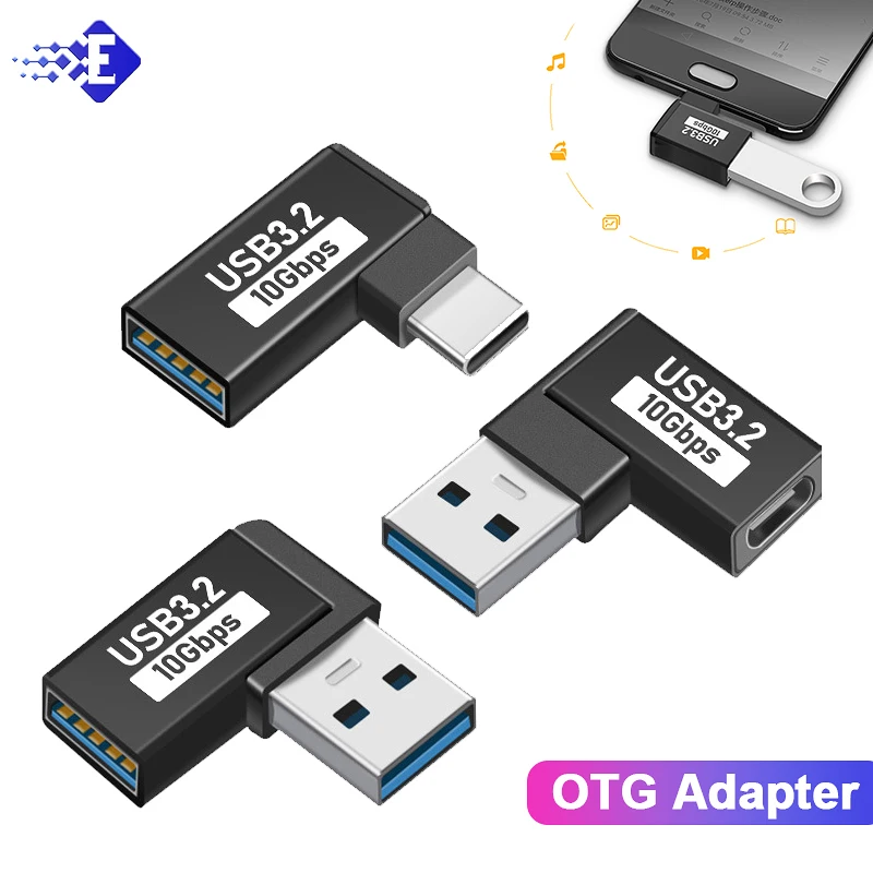 Adaptadores USB en forma de U, ángulo recto, adaptador de 90 grados, USB hembra a USB macho, adaptador de datos rápido de 10Gbps, convertidor, adaptador de carga