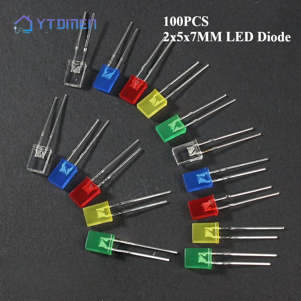 Kit de diodos LED de luz emisora cuadrada, 100 Uds., diodo LED de 2x5x7mm, 2x5x7mm, diodos rojos, amarillos, verdes, azules y blancos para Kit electrónico DIY