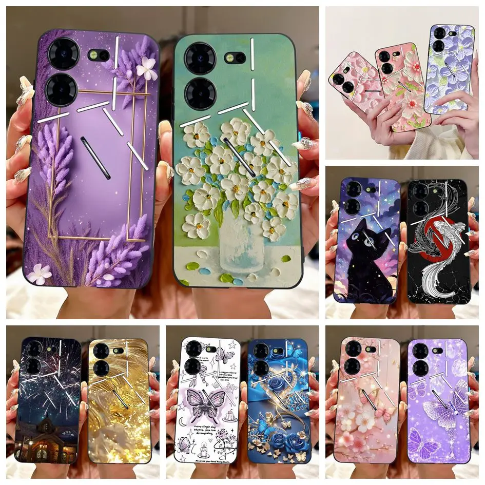 Funda de silicona para Tecno Pova 5 Pro 5G LH8n Funda Popular flor mariposa suave negro TPU Funda para Tecno Pova 5 Pova5 LH7n Coque