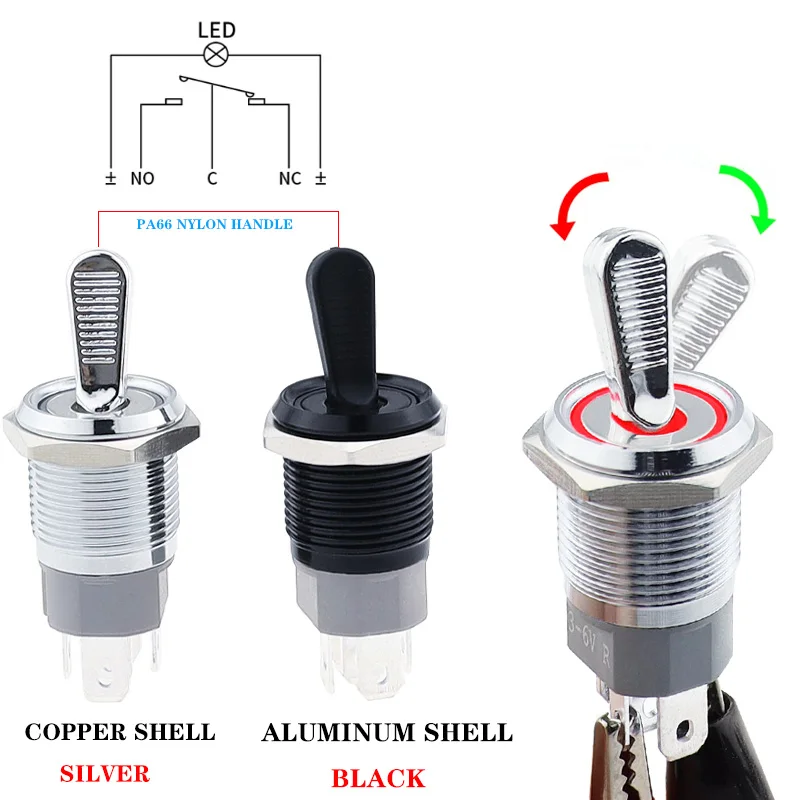 Interruptor de palanca de Metal de 16MM, luz LED impermeable, autobloqueo, 2/3 posiciones, encendido y apagado, Micro interruptor de botón 1NO1NC 15A 12V 220V 3 pines/5 pines - imagen 2