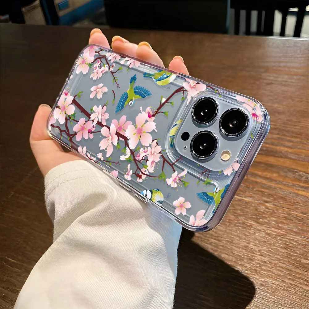 Funda transparente Simple con diseño de pájaro y flor fina rosa para iPhone 16 15 14 11 13 12 Pro Max Mini 15 14 16 Plus, funda a prueba de golpes para iPhone 16e