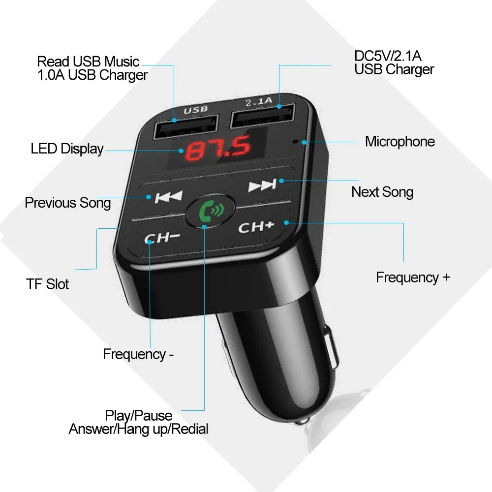 Transmisor FM Bluetooth 5,0 para coche, adaptador inalámbrico, micrófono, receptor de Audio, reproductor MP3 automático 2.1A, cargador rápido USB Dual, accesorios para coche - imagen 5