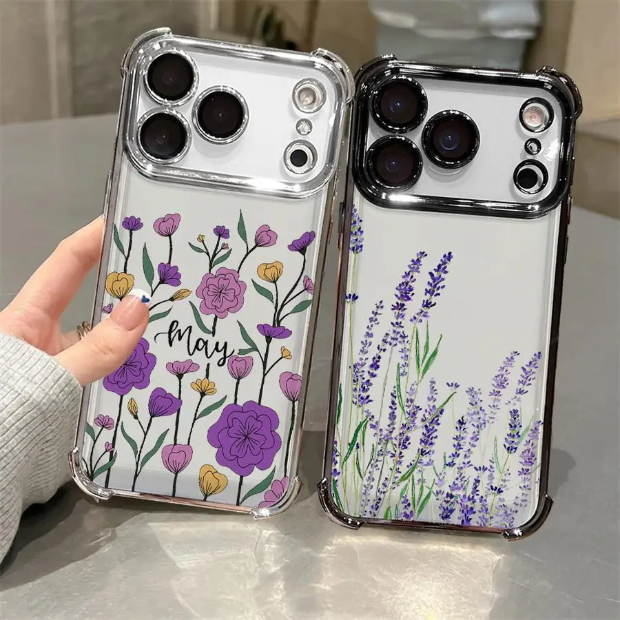 Funda transparente para Apple iPhone 16 15 14 Plus 16e 13 12 11 Pro Max 17 Air Lavender Flowers