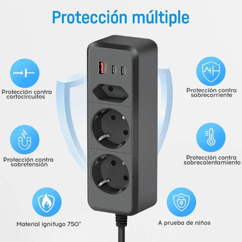 1.5m Extension Cable Power Strip Socket white 3AC power sockets 3USB Ports Overload Protection for Home Office - imagen 4