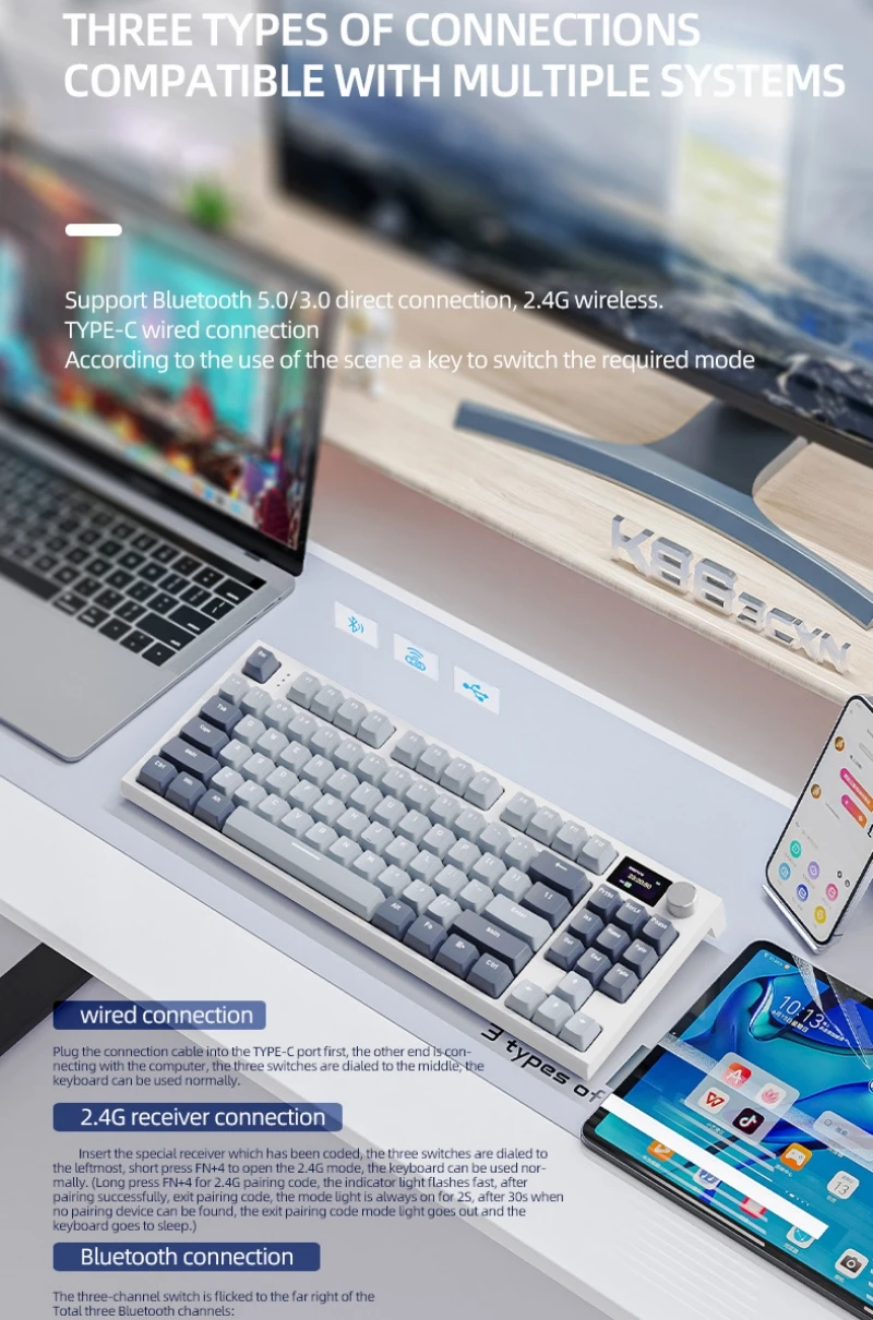 Teclado mecánico español con Ñ K86 Inalámbrico 87 teclas Diseño 75% Hot Swap Español con la Ñ Ruso Coreano Árabe Teclado mecánico Conexión Bluetooth tipo C Luz RGB Pantalla inteligente - imagen 3