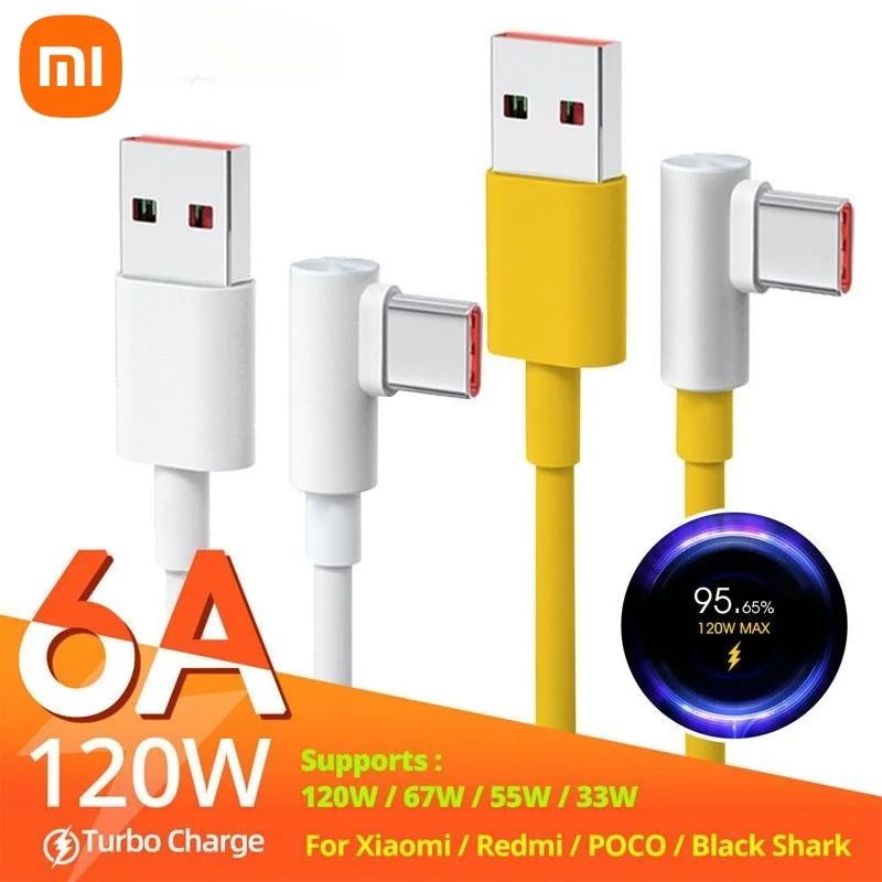Cargador súper rápido USB Original Xiaomi 120W 6A para Mi 12 11 POCO X5 X4 Pro Redmi Note 8 9 10 11 Cable de carga tipo C de 90 grados