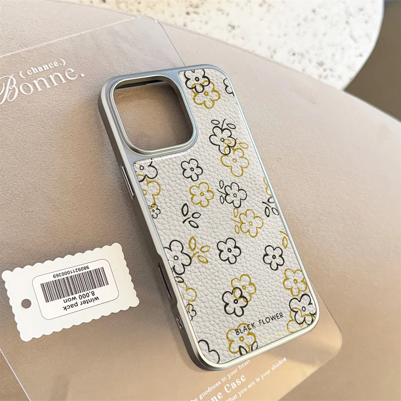 Funda de teléfono con textura de cuero y flores negras ins para iPhone11/12/13/14/15/16/20 Pro Max AIR PLUS - imagen 4
