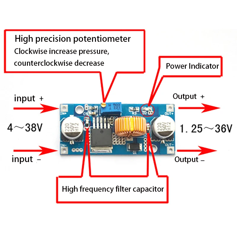 5A XL4015 DC-DC 4-38V a 1,25-36V 24V 12V 9V 5V módulo de fuente de alimentación ajustable reductor cargador de litio LED con disipador de calor