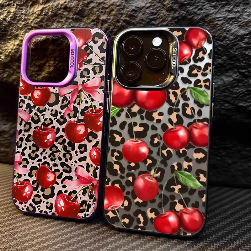 Funda mate cereza con estampado de leopardo rojo para iPhone 15 16 14 13 12 11 Pro Max XS X XR 8 7 Plus SE 2020 Funda de PC chapada a prueba de golpes