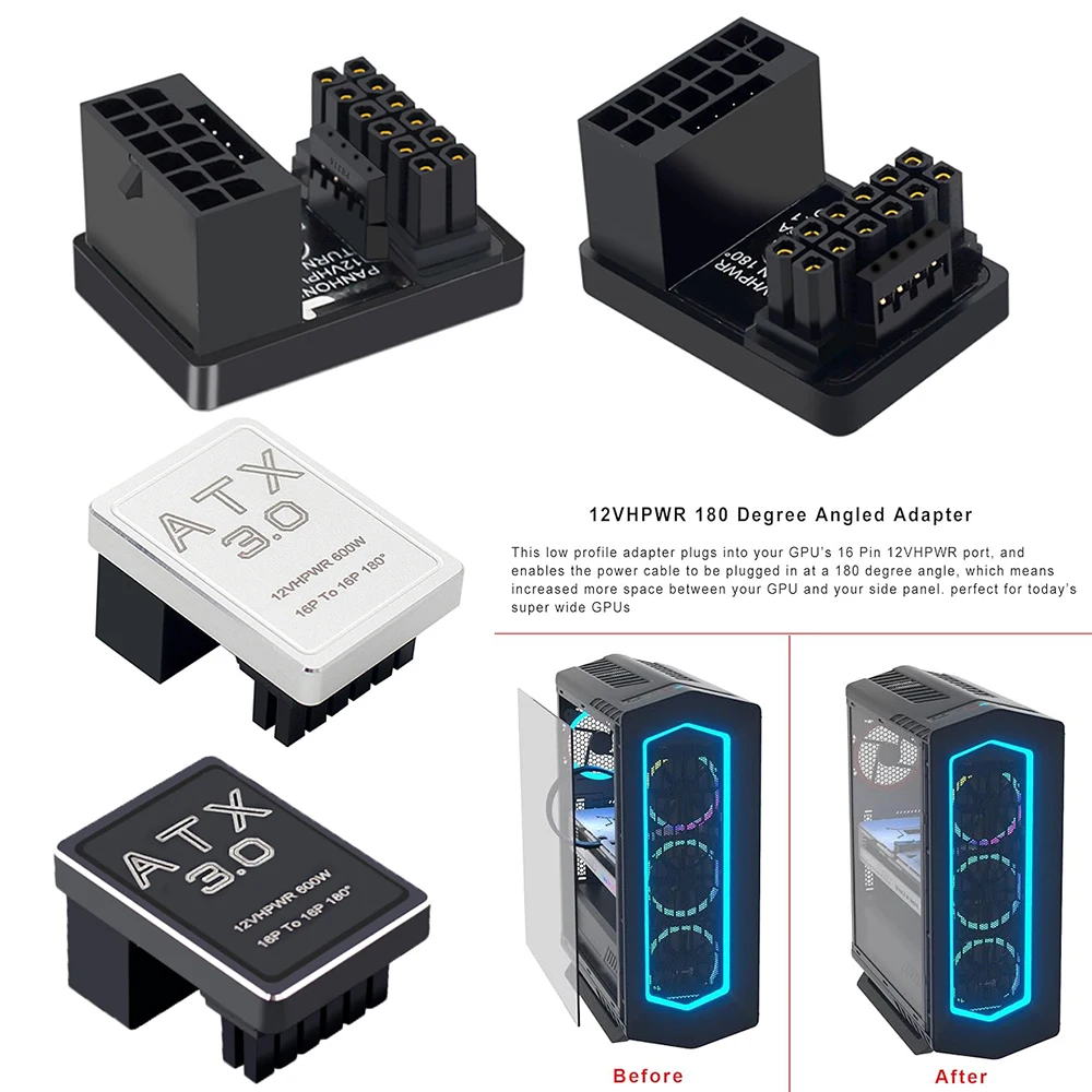 Tarjeta gráfica Pcie5.0 RTX 4080/4090 ATX3.0, fuente de alimentación de 600W, 12VHPWR, 12 + 4 pines, macho a hembra, adaptador de conector de giro de 180 grados - imagen 2