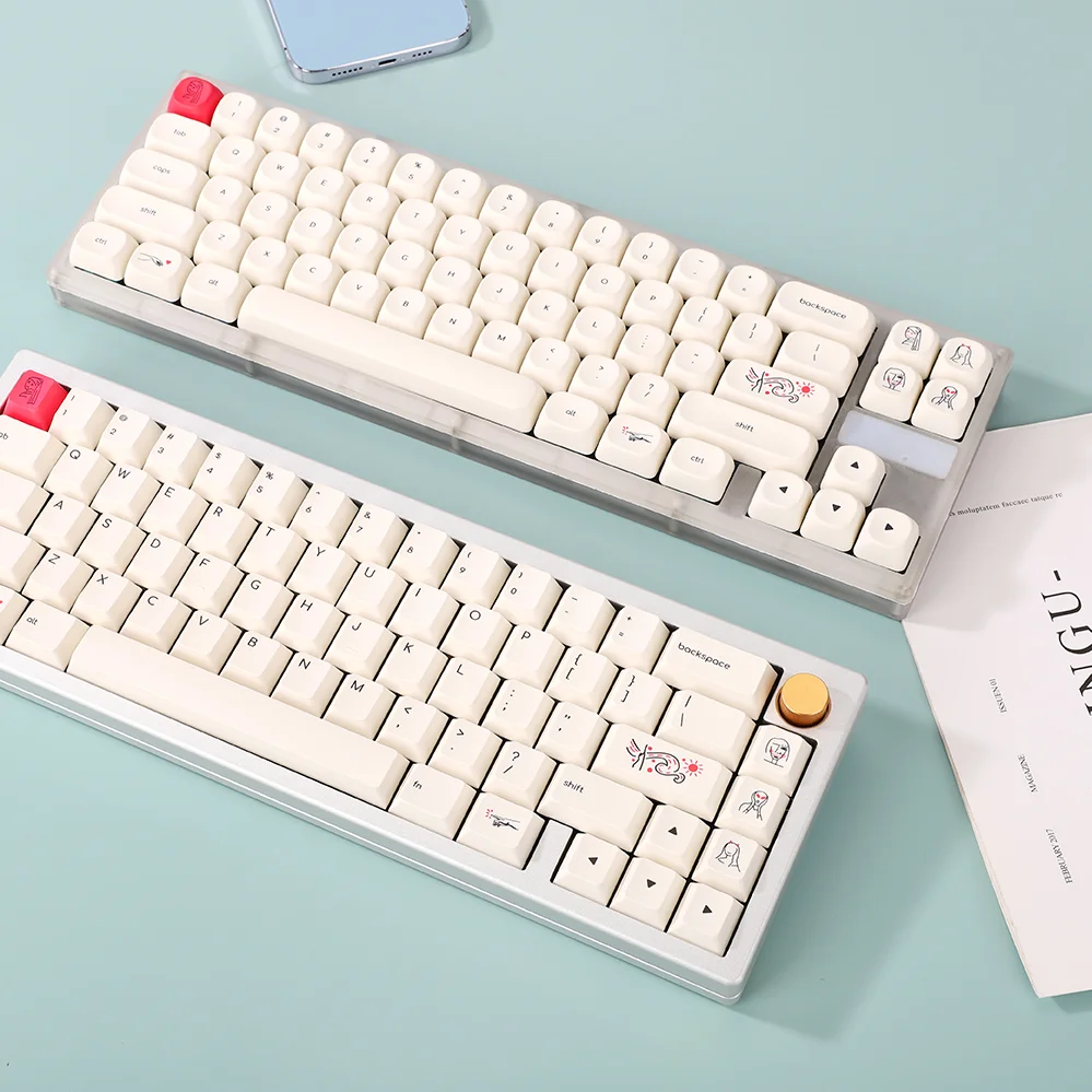 Juego de teclas con tema artístico, teclas redondas de perfil MOA de color blanco lechoso, teclas personalizadas con dibujos animados, bonitas tapas de teclado mecánico para jugar PBT pintadas a mano - imagen 3