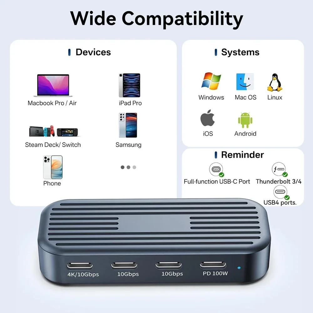 Hub USB C de 10Gbps con salida de vídeo 4K @ 60Hz USB3.2 Gen2 PD100W adaptador divisor USB para MacBook iPad Pro dispositivos tipo C portátil - imagen 5