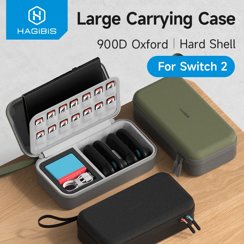 Hagibis Estuche de transporte portátil para Switch 2 Bolsa de viaje grande para accesorios NS Cargador/Cable/Dock con 14 cartuchos de juego