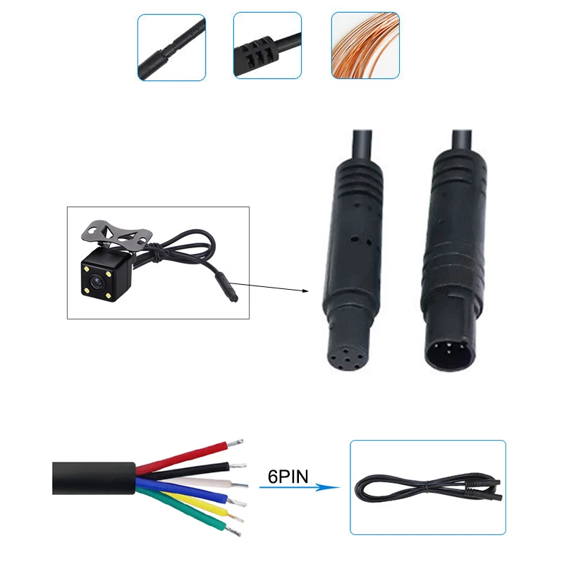 Cable de cámara de visión trasera de vehículo, Cables de extensión de cámara DVR de coche de 6 pines, Monitor HD, 1m, 2m, macho a hembra - imagen 4