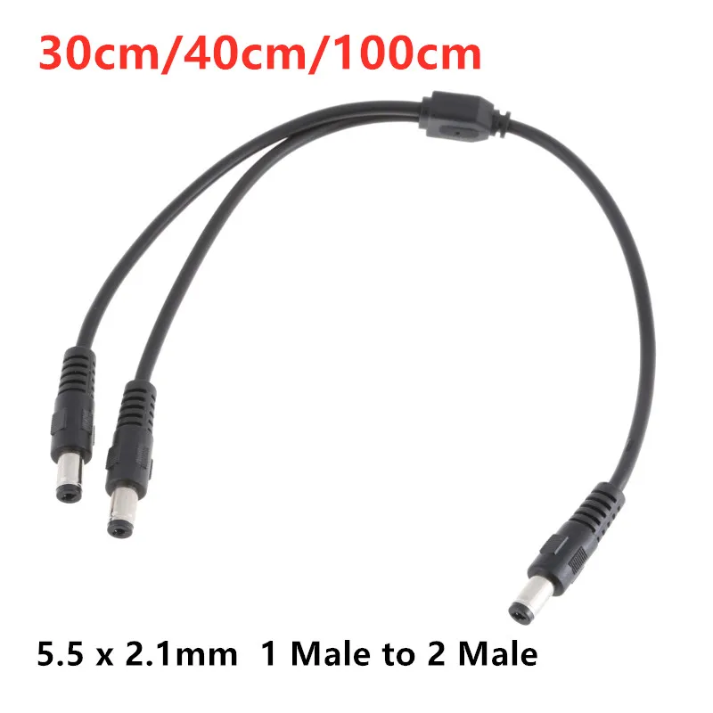 Cable adaptador de corriente CC de 2 vías, 30cm/40cm/100cm, 5,5mm x 2,1mm, 1 macho a 2 macho, conector divisor, extensión de enchufe para tira LED CCTV