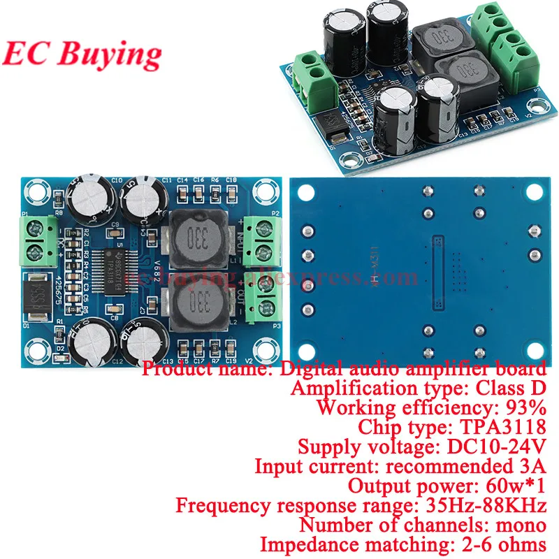 10 uds/1 unidad TPA3118 PBTL 60W Mono módulo de placa amplificadora de Audio de potencia Digital DC 8-24V para Arduino de doble canal 2*45W 30W XH-M314 - imagen 5