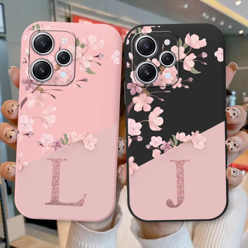 Para Redmi 12 Note 14 Pro funda de teléfono flores rosas letra inicial A a Z funda trasera suave de silicona alfabeto Coque Shell pareja Capa