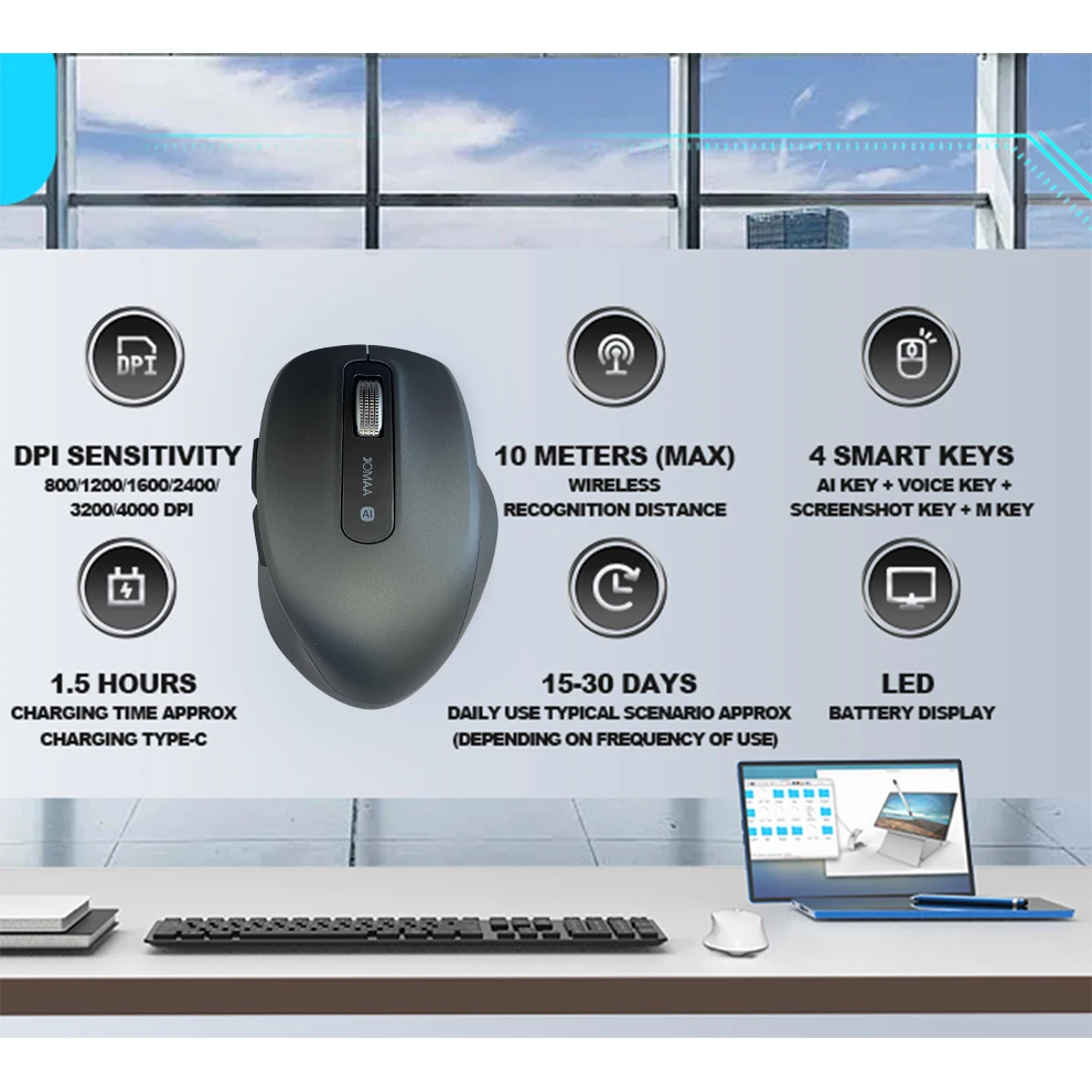 Ratón de oficina silencioso inalámbrico AI, se adapta a conexiones USB y Bluetooth, escritura controlada por voz/traducción de voz/AIPPT/AiText - imagen 3