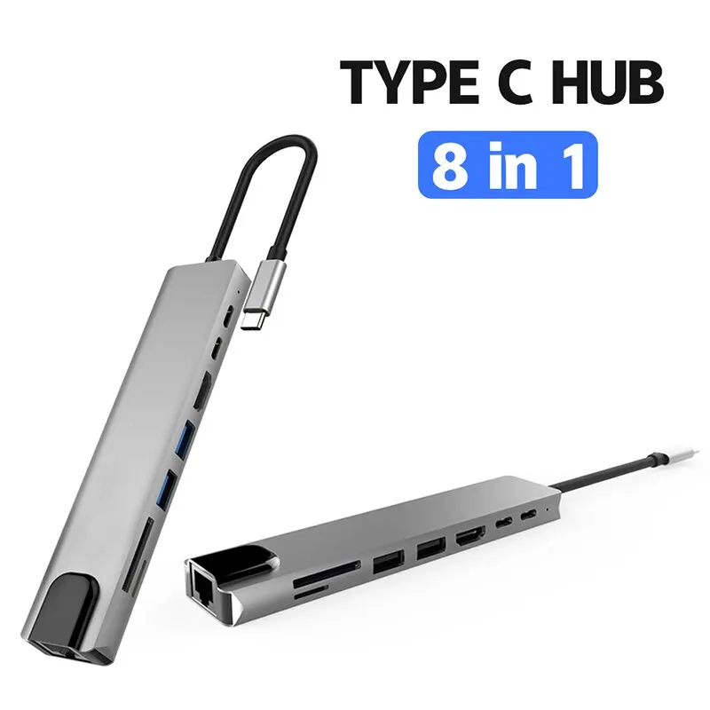 Concentrador de red USB tipo C 8 en 1, adaptador HDMI 4K, RJ45, Lan, Ethernet, TF, SD, lector de USB-C, estación de acoplamiento 3,0, tipo C, portátil, Macbook - imagen 5