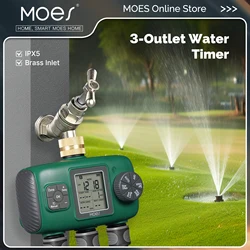 MOES Temporizador de agua inteligente de 3 salidas Entrada de latón IPX5 Botón de perilla impermeable Irrigación automática Pantalla LCD Aspersor de jardín