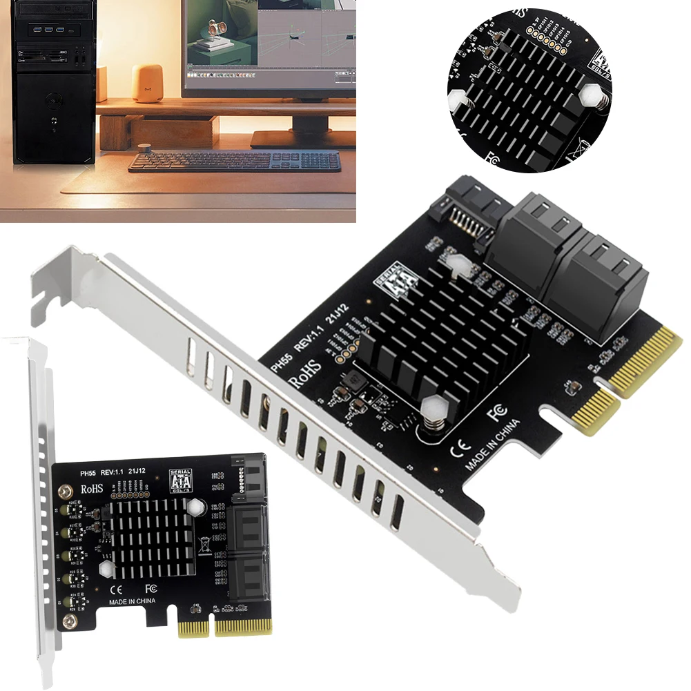 Tarjeta de expansión PCIe a SATA3.0 de 5 puertos Chip Jmb585 Tarjeta de expansión PCI-E a SATA compatible con embellecedor en cascada para sistema operativo Windows/Linux/Mac