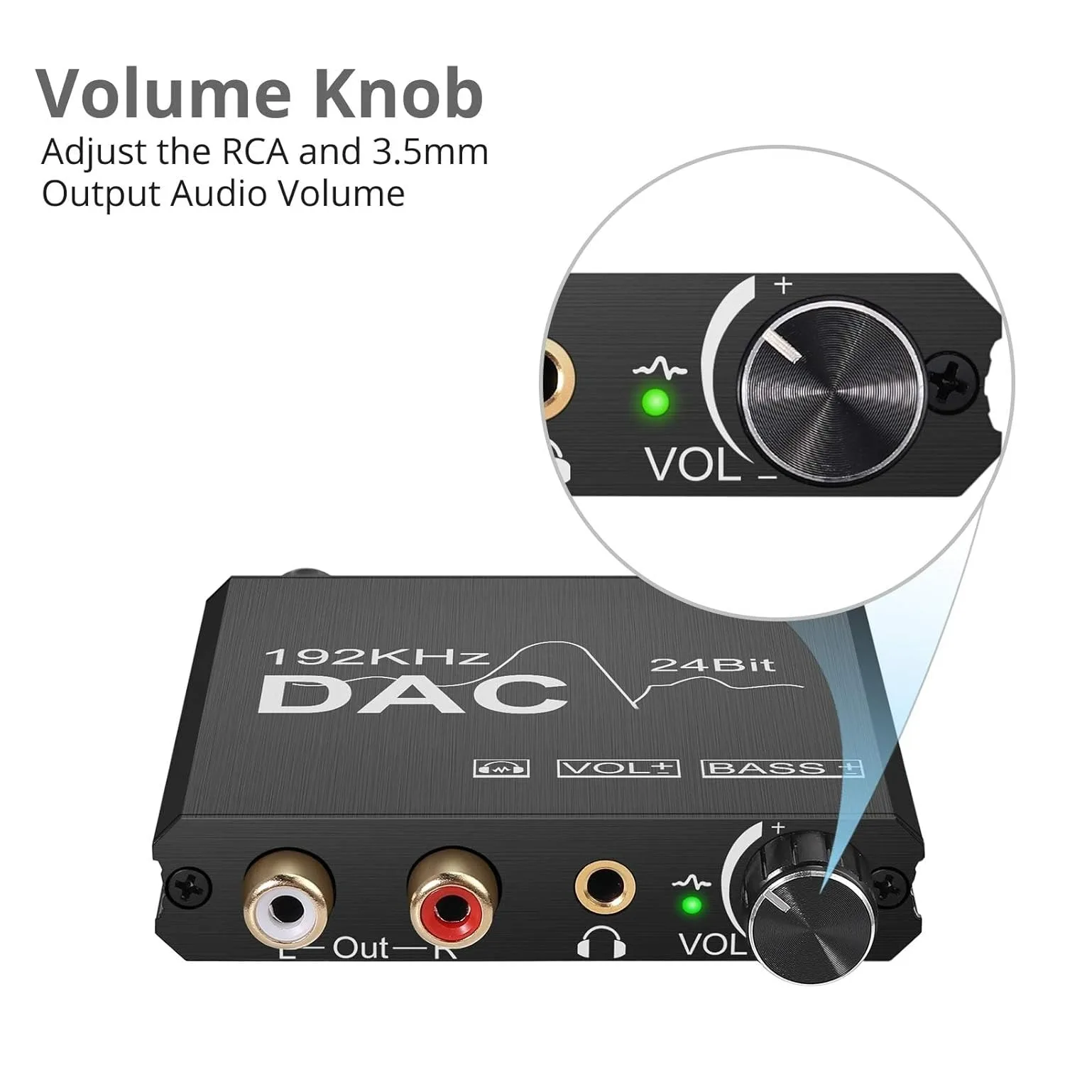 Convertidor de Audio Digital a analógico de 192KHz con ajuste de graves, Control de volumen DAC, adaptador Coaxial óptico a 2RCA y conector Jack de 3,5mm - imagen 5