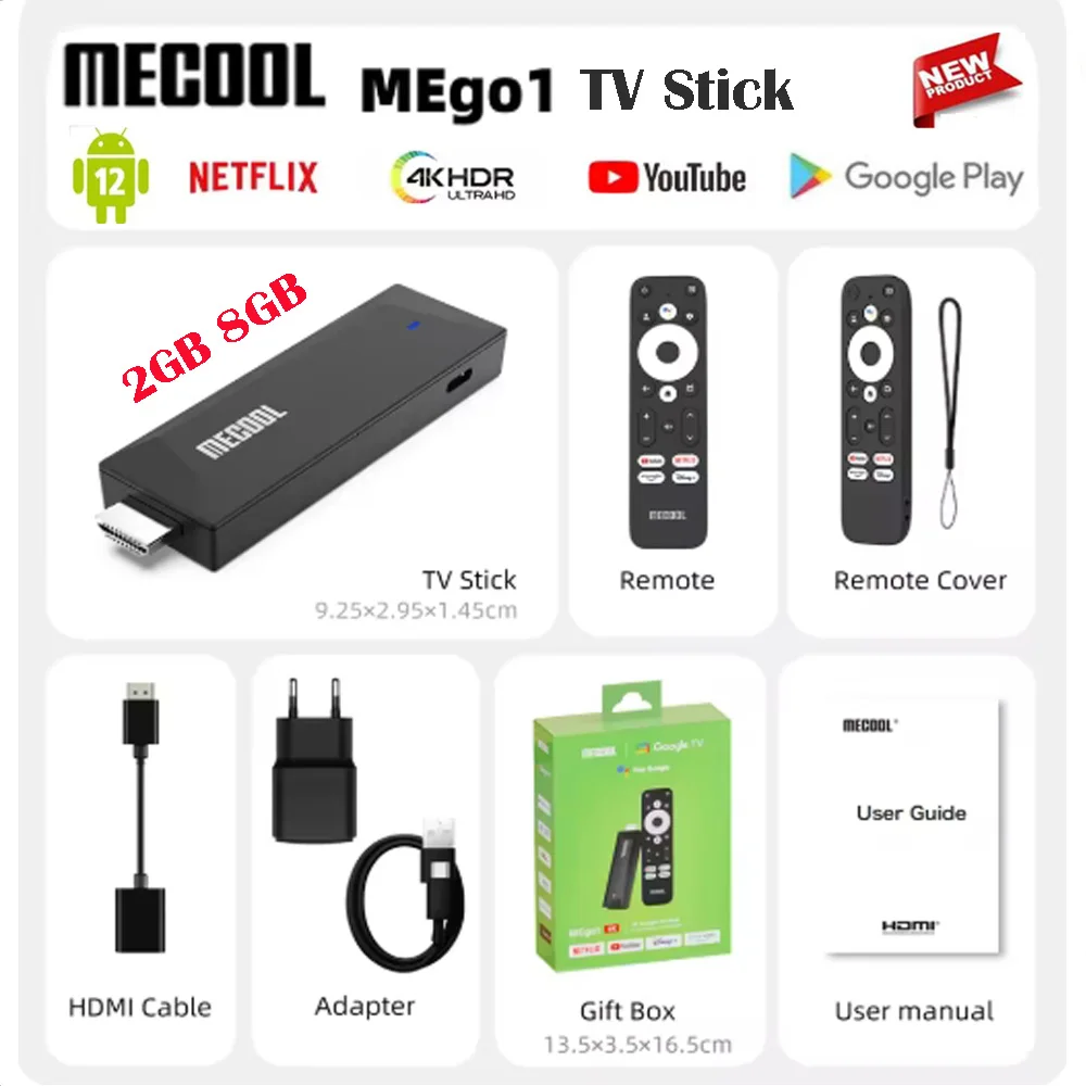 [Genuino] 2025 más nuevo MECOOL MEgo1 TV Stick Android 12 Realtek RTD1325 2GB + 8GB 4K 5G wifi LAN 100M el mejor palo de TV certificado de Google