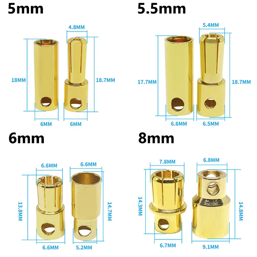 Conector tipo bala de Motor sin escobillas de cobre chapado en oro, conector tipo bala para batería ESC, 2mm, 3mm, 3,5mm, 4mm, 5mm, 5,5mm, 6mm y 8mm - imagen 5