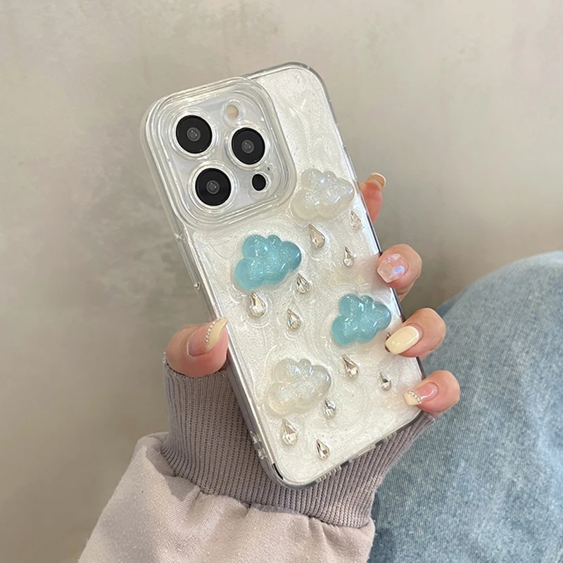 Funda de teléfono con gotas de lluvia y nubes 3D para iPhone 17 Air 16 15 14 Plus 13 11 12 Pro Max, funda protectora de silicona con purpurina suave - imagen 5