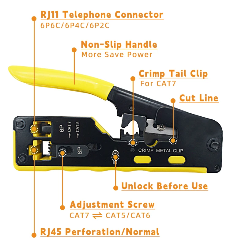 Alicates de red multifuncionales, herramienta de prensado CAT5 CAT6 CAT7 RJ45, herramienta de engarzado EZ todo en uno para Rj11 R12 RJ45 - imagen 3