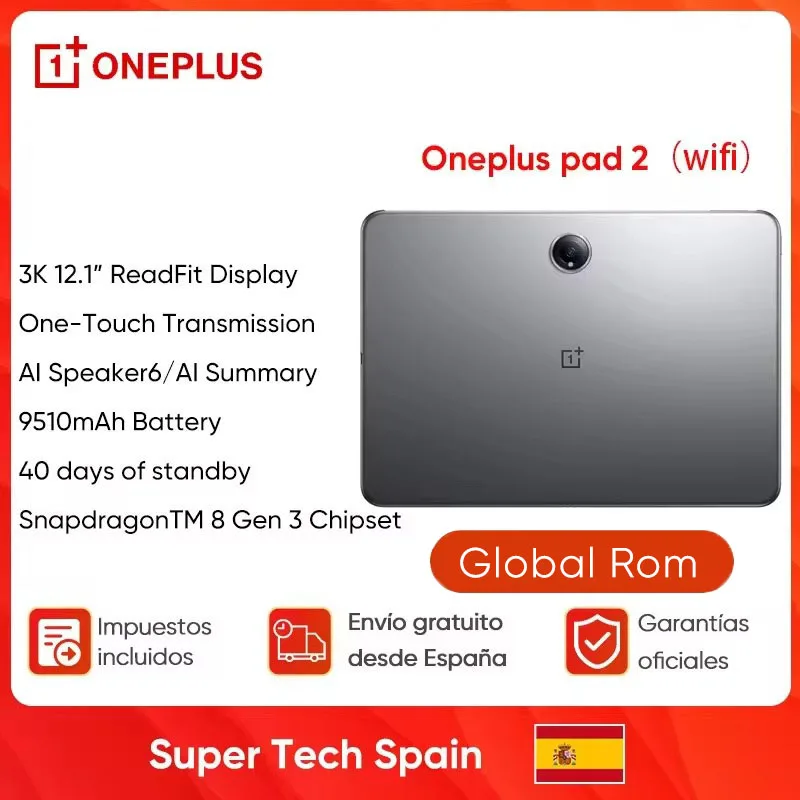 OnePlus Pad 2 Tablet Global Rom Snapdragon 8 Gen 3 16GB RAM + 512GB 12,1 ''144Hz Pantalla 67W SUPERVOOC 13MP Cámara OxygenOS 15