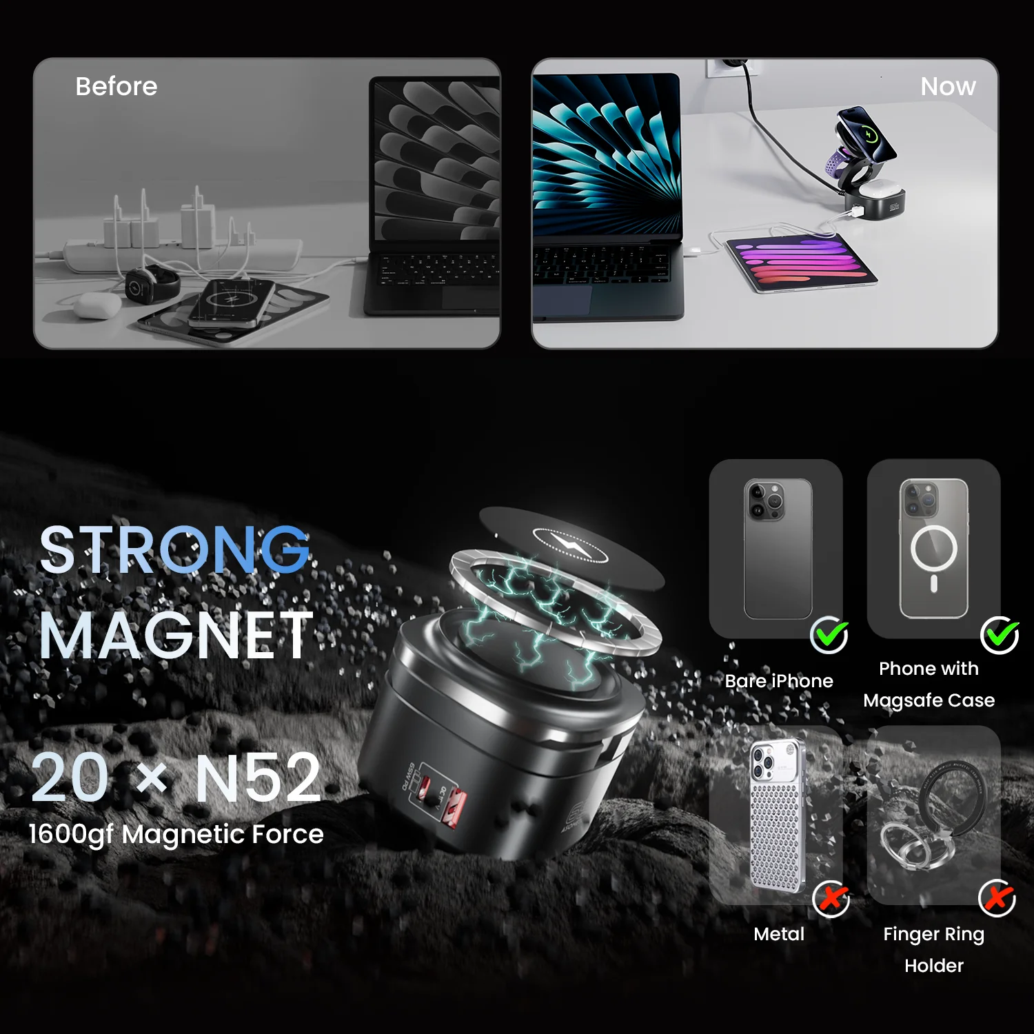 Soporte de cargador inalámbrico magnético 5 en 1 para iPhone 16/15/14 65W GaN estación de carga rápida para MacBook Apple Watch AirPods - imagen 3