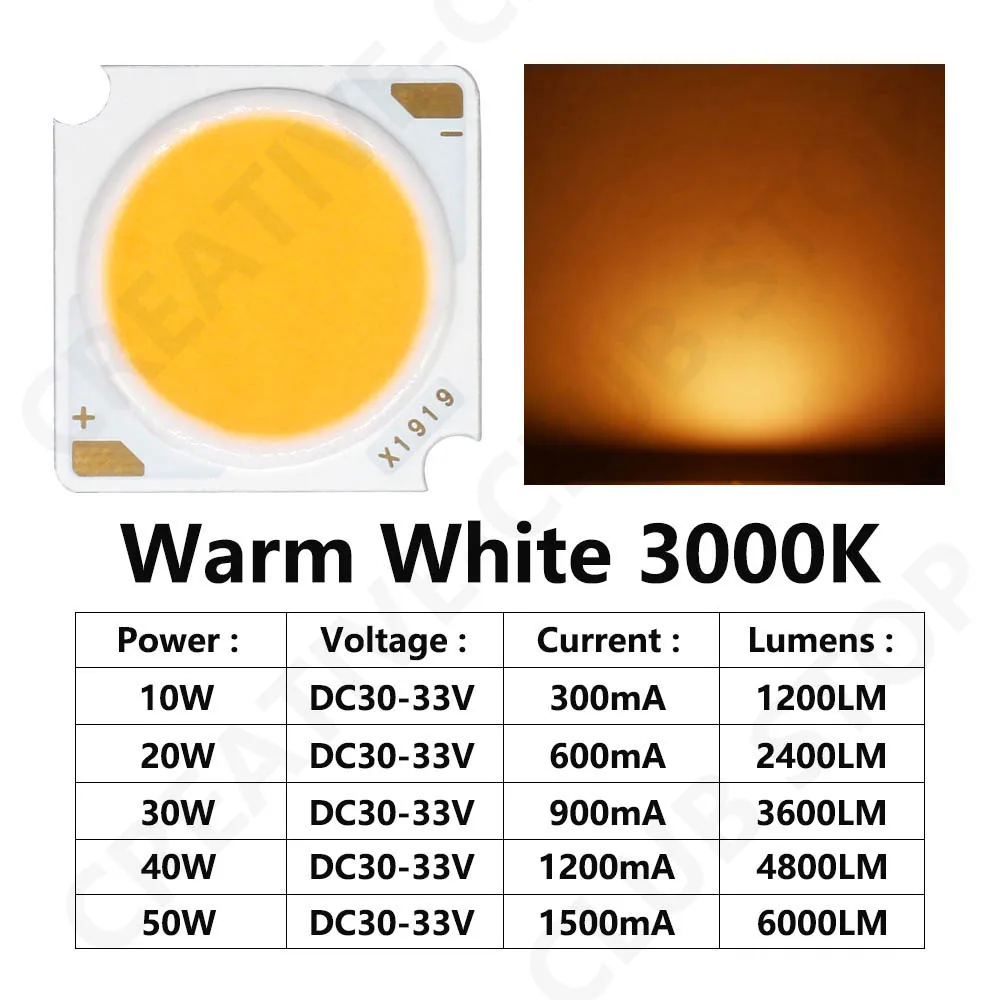 10 Uds 1919 10W 20W 30W 40W LED COB Chip diodo emisor de luz importado Bridgelux Chip de cristal DC30-33V DIY Panel de luz descendente - imagen 3