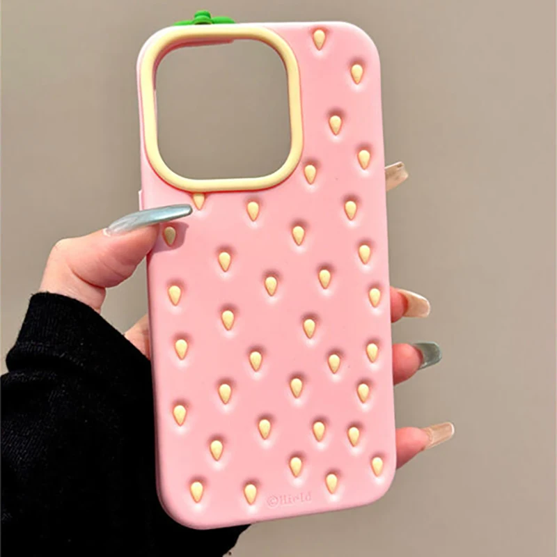 Funda de teléfono de silicona suave de fresa rosa 3D bonita a la moda para iPhone 16 15 13 14 12 Pro Max carcasa trasera a prueba de golpes - imagen 4