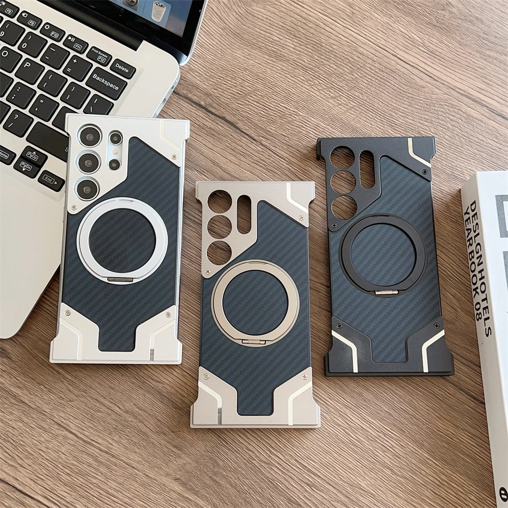 Funda de teléfono con soporte magnético con marco de aleación de aluminio para Samsung Galaxy S25 S24 S22 S23, cubierta de parachoques con marco de Metal de fibra de carbono Ultra - imagen 2