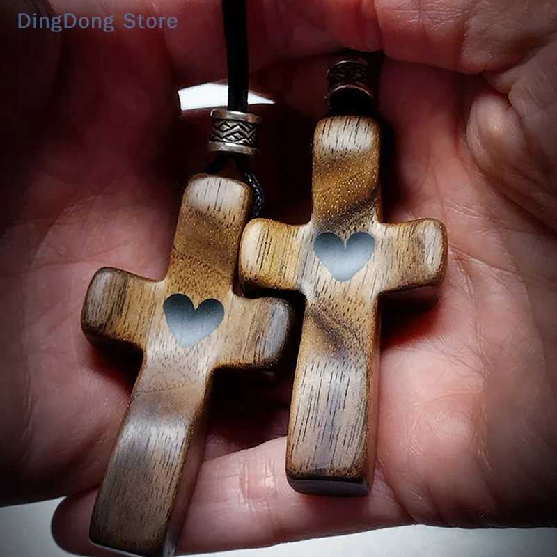 1 pieza de crucifijo de madera, cadena con colgante de amor, llavero de crucifijo hecho a mano de nogal cristiano, llavero de cruces de guardián ajustables