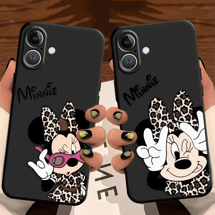Funda de teléfono suave negra para iPhone 7 8 15 16 14 Plus XR 17Air 13 12 11 17 Pro Max XS Max Disney Cute Minnie