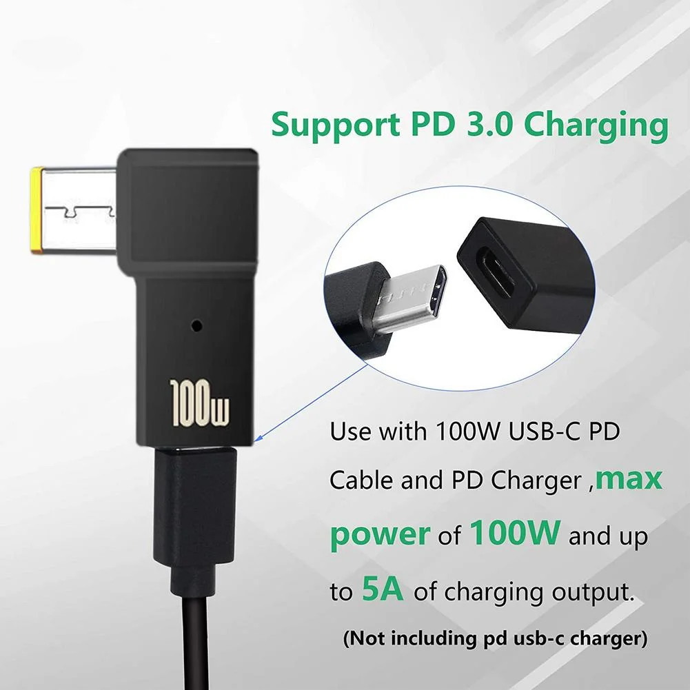 Adaptador PD tipo C de 100W, convertidor de enchufe hembra a punta cuadrada, Cable de carga rápida USB-C para conector de alimentación CC Lenovo Thinkpad - imagen 2