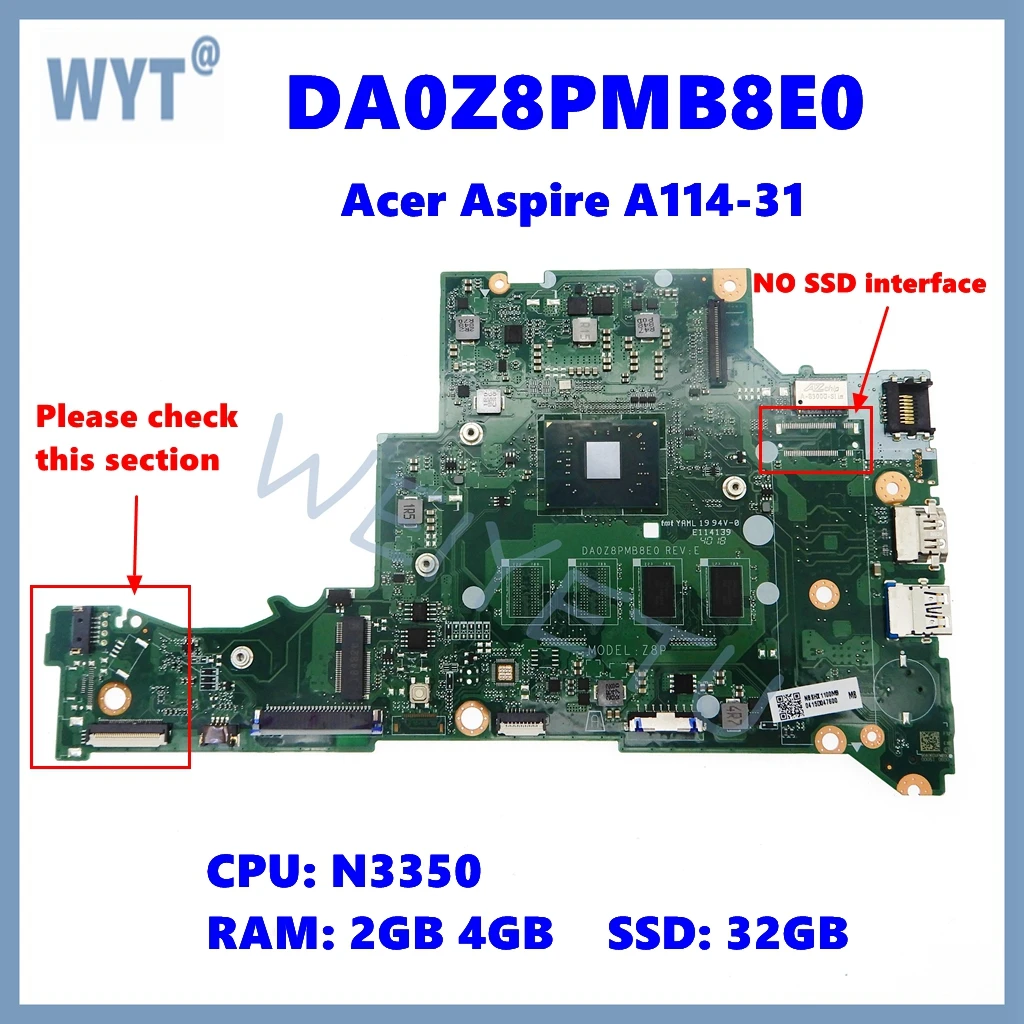 Placa base para ordenador portátil DA0Z8PMB8E0 para Acer Aspire A114-31 placa base para portátil con CPU N3350 2GB 4GB-RAM 32GB-SSD 100% probado OK