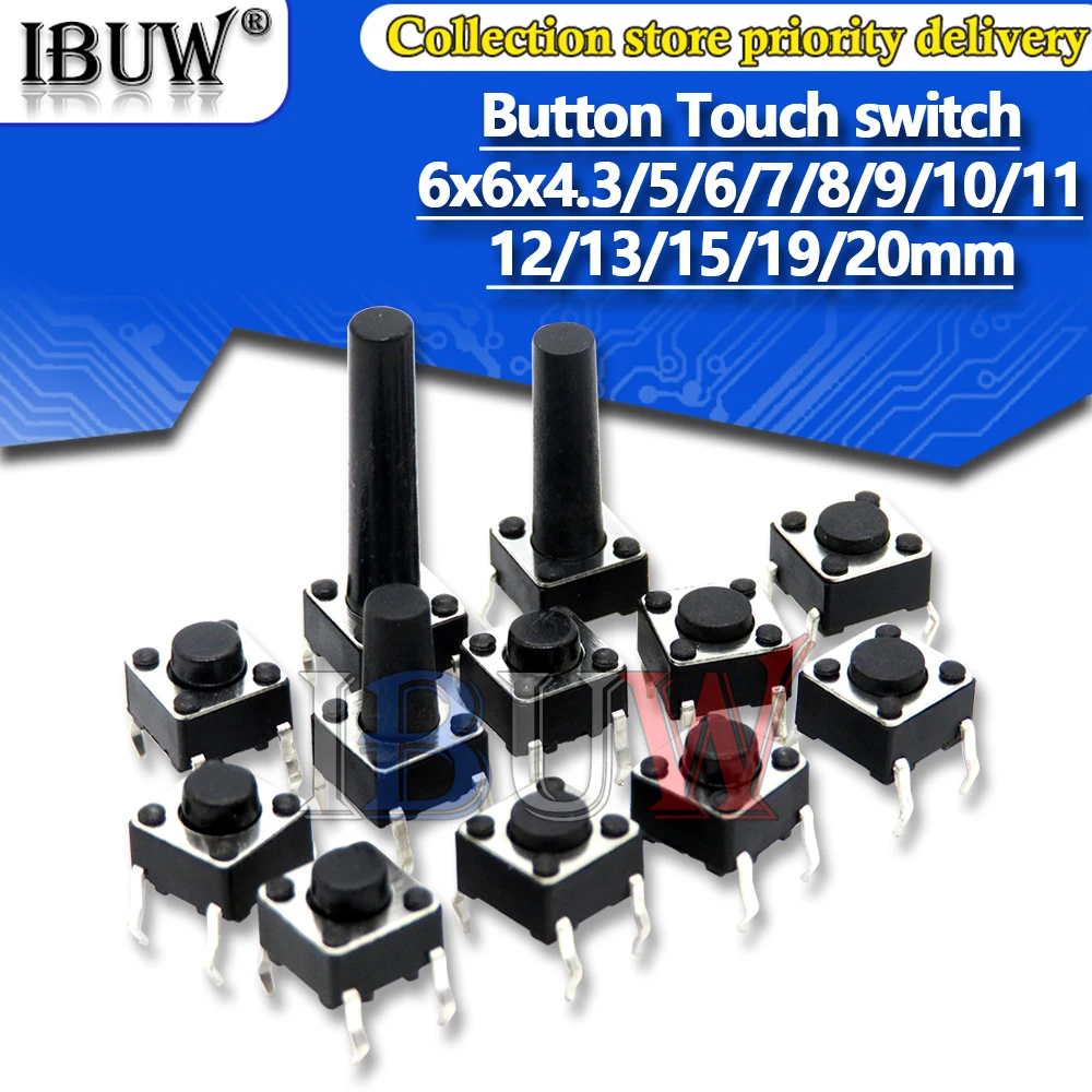 100 Uds interruptor táctil de botón 6x6x4,3 6x6x5 6x6x6 6x6x7 6x6x8 botón DIP 4 pines Interruptor táctil para luz DIP4 táctil de alta calidad 6*6*5