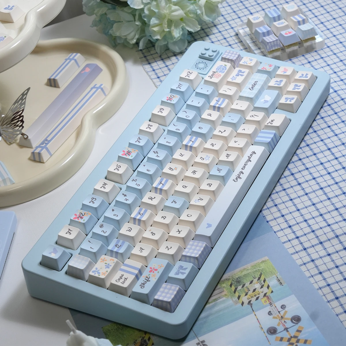 Teclas de jardín a cuadros azules/rosas, sublimación Pbt Moa Cherry para Aula F75/F99 2,25/2,75U, teclas de diseño Alice Iso - imagen 2