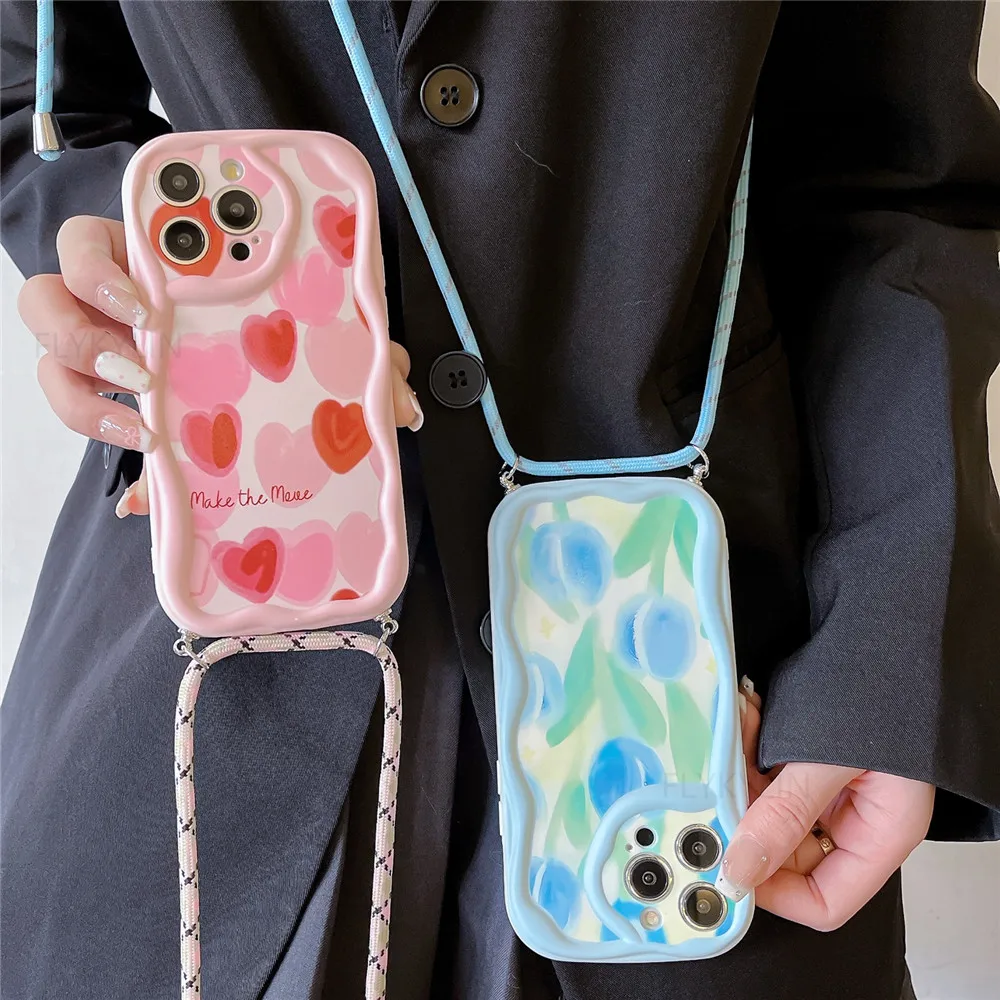 Funda con cordón cruzado para Samsung A55, A35, A05S, A05, A15, A25, A24, A34, A54, A14, A13, A23, A33, A53, A52, A32, A51, Flower Wave Edge Cover