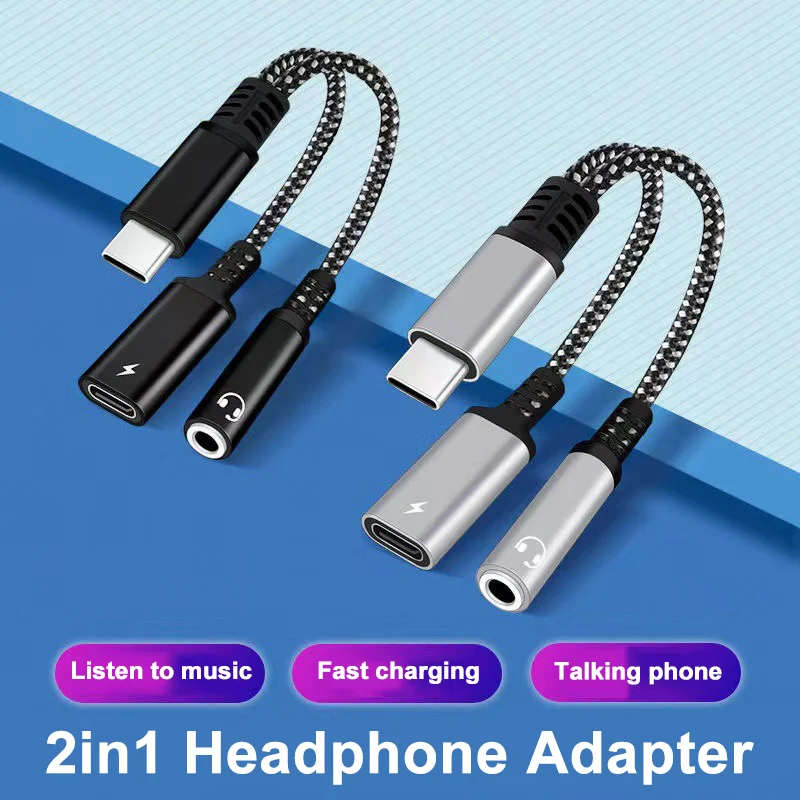 1 Uds 2 uds USB tipo C a 3,5mm adaptador de cargador y auriculares 2 en 1 USB C a AUX Audio Jack Dongle Cable cargador para Samsung rápido - imagen 5
