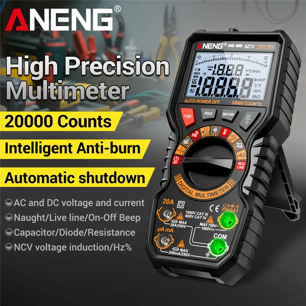 ANENG-multímetro SZ12 de 1000V, multímetro de corriente/voltaje, 20000 recuentos, 99% probador de ciclo de trabajo, 100MOhm, 20A, herramientas de inducción de 10MHz - imagen 2