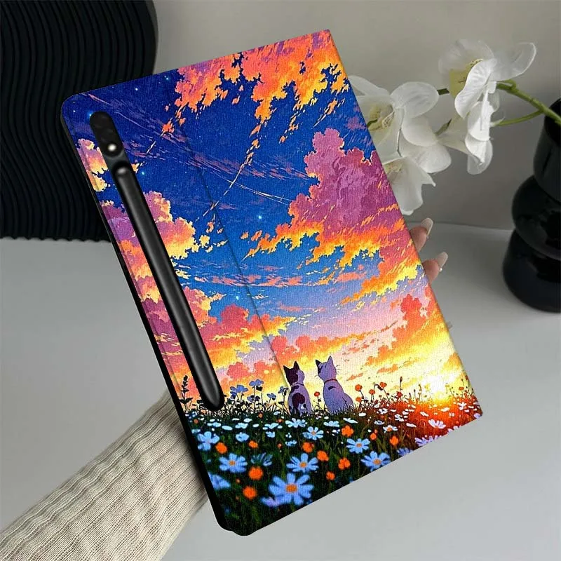 Funda plegable para tableta Samsung Galaxy Tab S9 S10 S6 S7 S8 FE Plus Lite pulgadas con dibujos de gato y puesta de sol - imagen 2